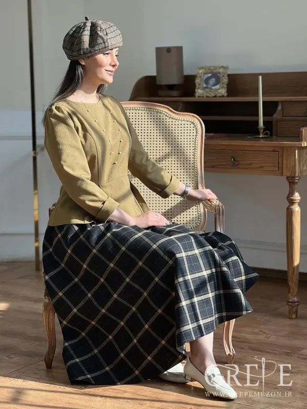 ست بلوز  دامن کشمیر کرم مشکی