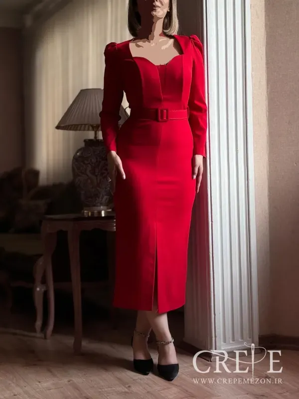پیراهن میدی یقه دلبر کاپ دار کمربند دار لباس مجلسی بلند