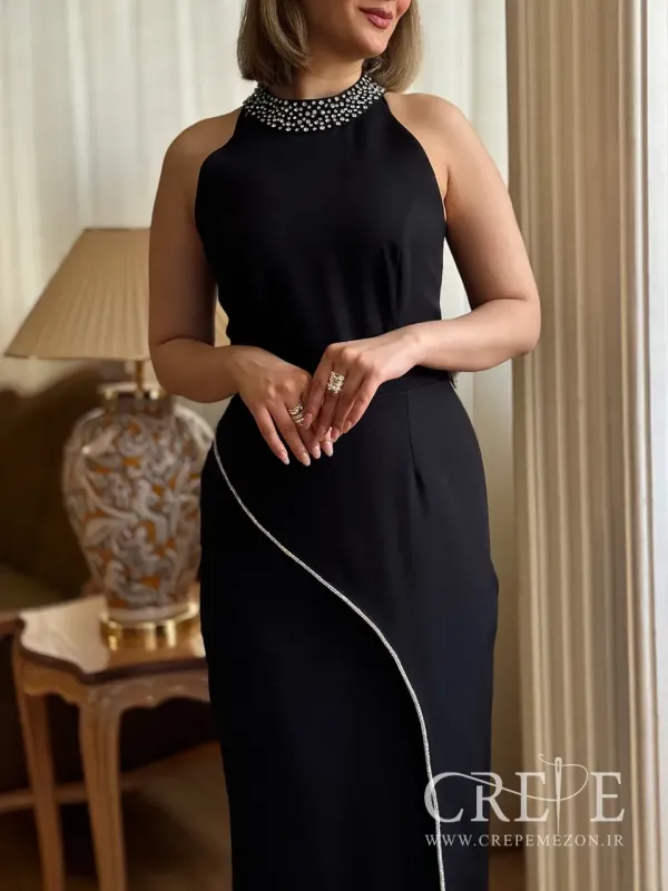 پیراهن حلقه کرپ یقه سنگدوزی