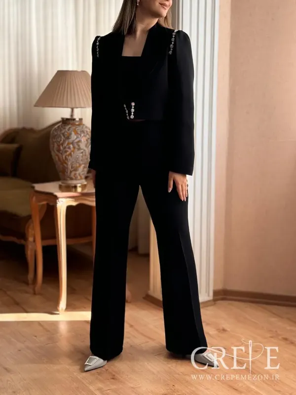 کت کراپ و شلوار کرپ مرکوری سرشانه سنگدوزی