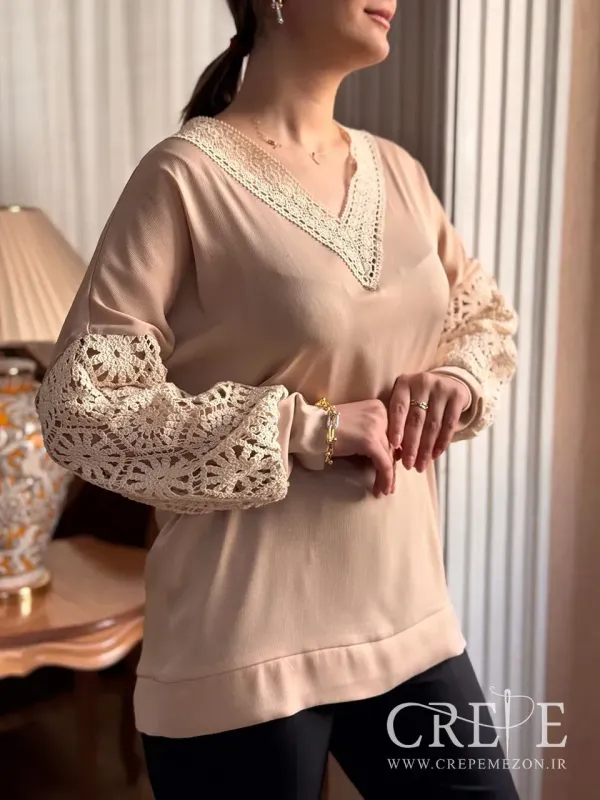 شومیز ساتن یقه هفت آستین گیپور