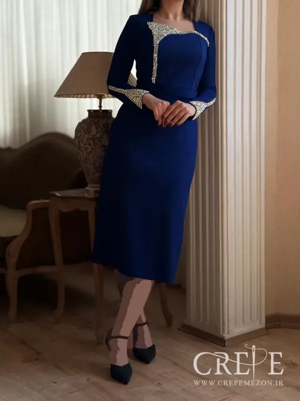 پیراهن میدی یقه خشتی آستین نگین