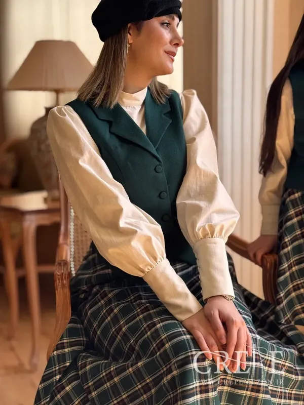 ست سه تیکه دامن جلیقه سبز پاییز 