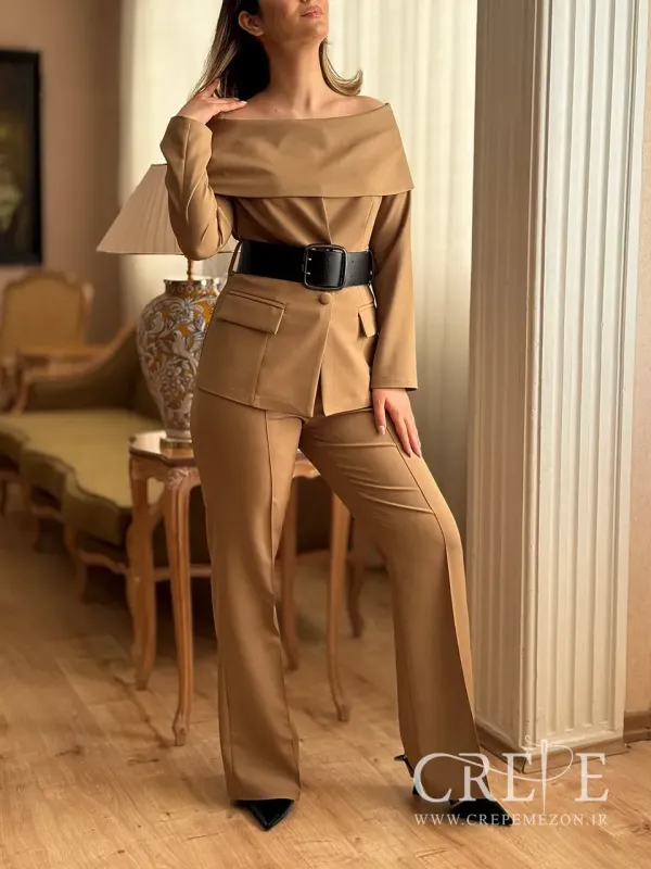 کت و شلوار یقه قایقی کمربند پهن 