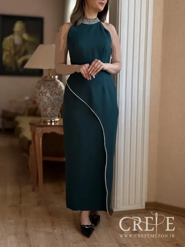 پیراهن کرپ یقه سنگدوزی