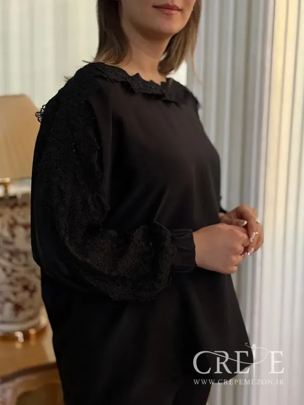 شومیز ساتن آستین کیمونو نوار گیپوری