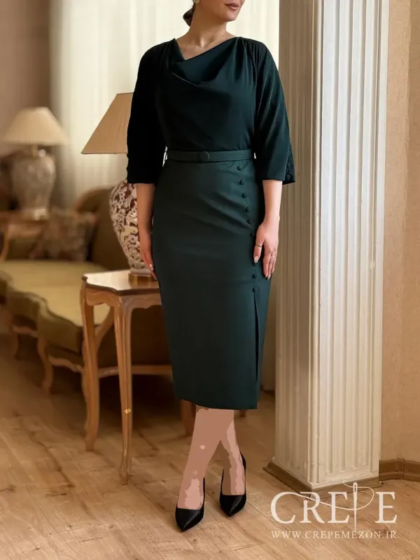 پیراهن یقه شل کمردار ده دکمه