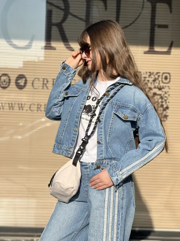 ست دو تیکه کت وشلوار خط دار جین 