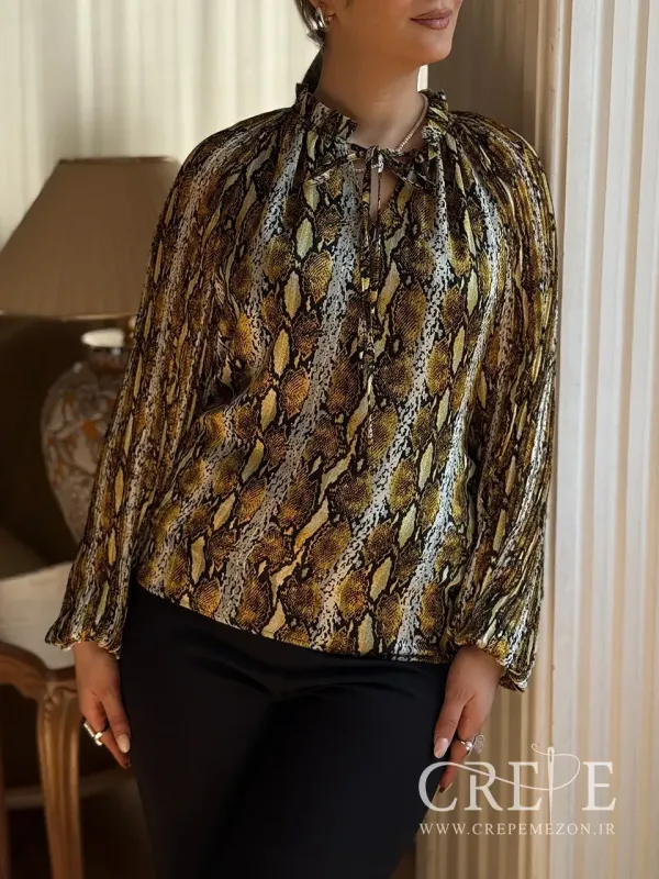 شومیز حریر آستین پلیسه پوست ماری