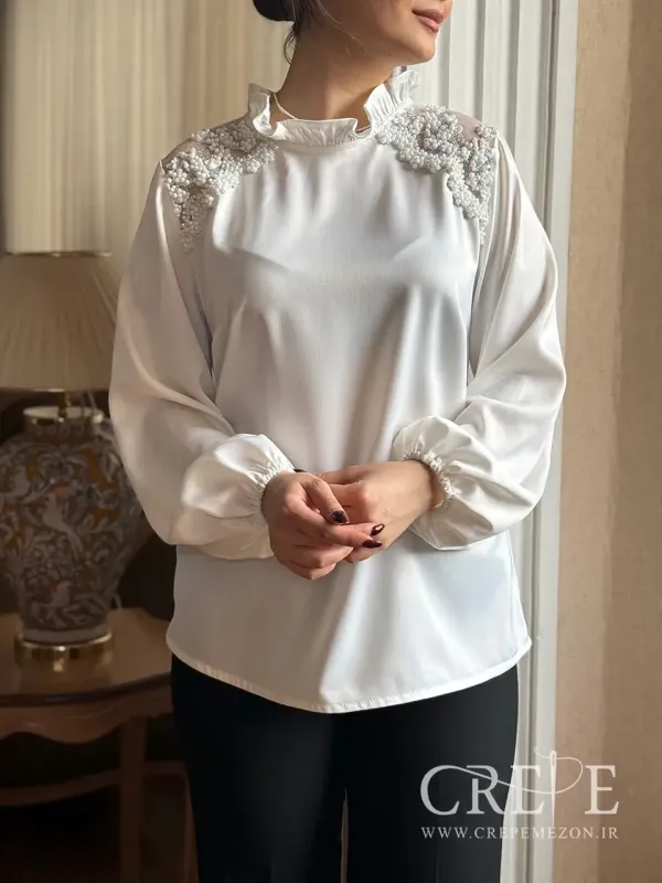 شومیز ساتن سرشانه تور سنگ دوزی