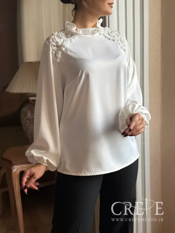 شومیز ساتن سرشانه تور سنگ دوزی