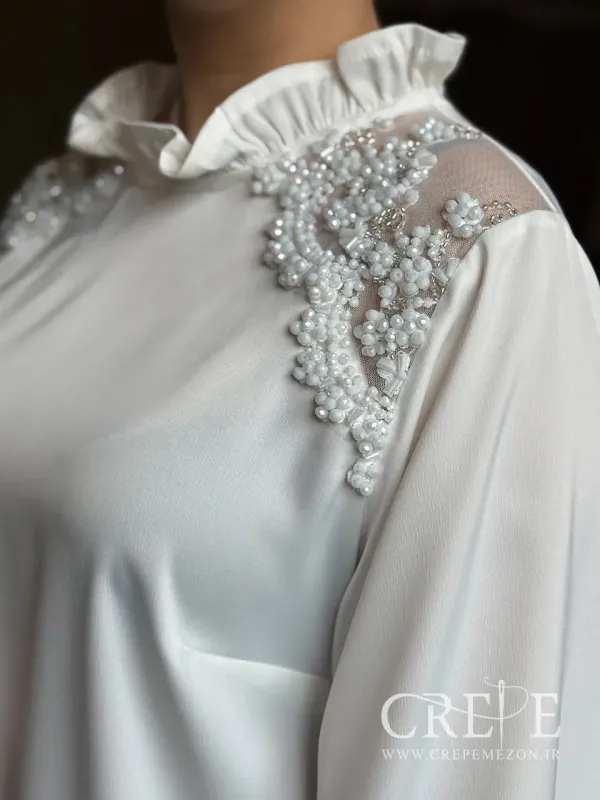 شومیز ساتن سرشانه تور سنگ دوزی