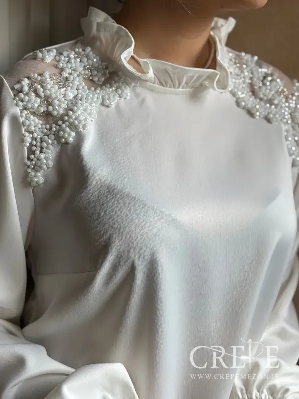 شومیز ساتن سرشانه تور سنگ دوزی