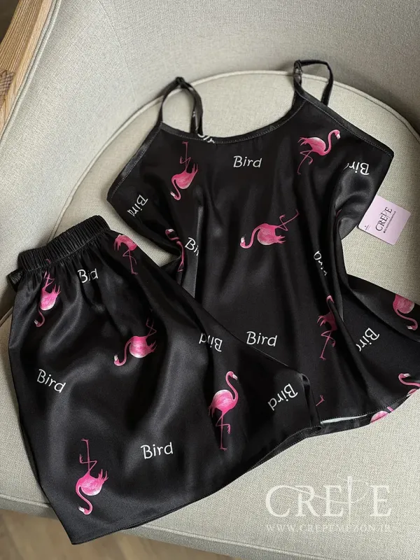 تاپ شلوارک ساتن طرح فلامینگو