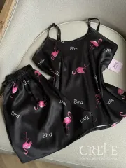 تاپ شلوارک ساتن طرح فلامینگو