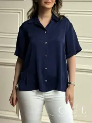 شومیز ساتن آستین کوتاه راه راه 