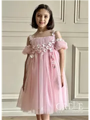 پیراهن آستین پفی طرح گل نگین دار