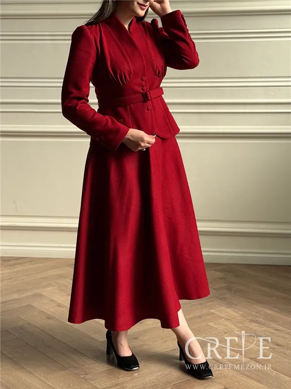 کت دامن کشمیر یقه ایستاده کمربنددار