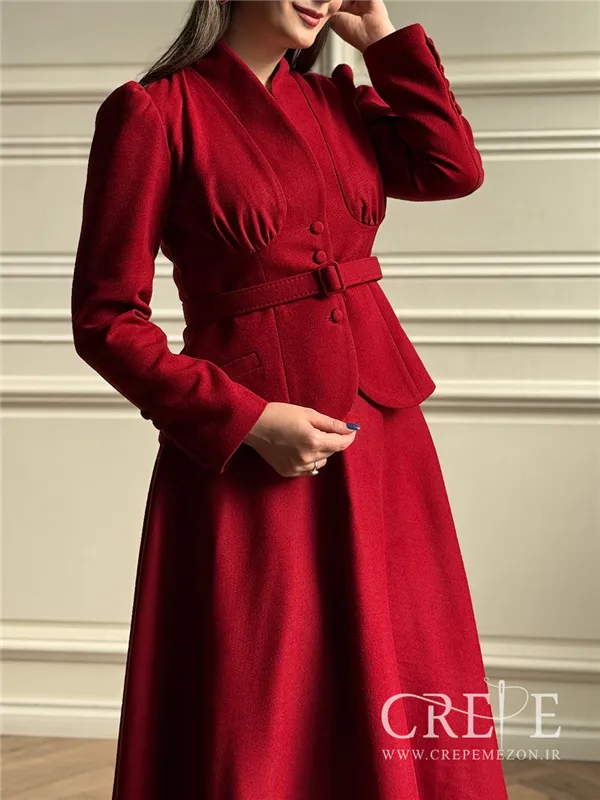 کت دامن کشمیر یقه ایستاده کمربنددار