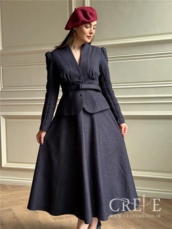 کت دامن کشمیر یقه ایستاده کمربنددار