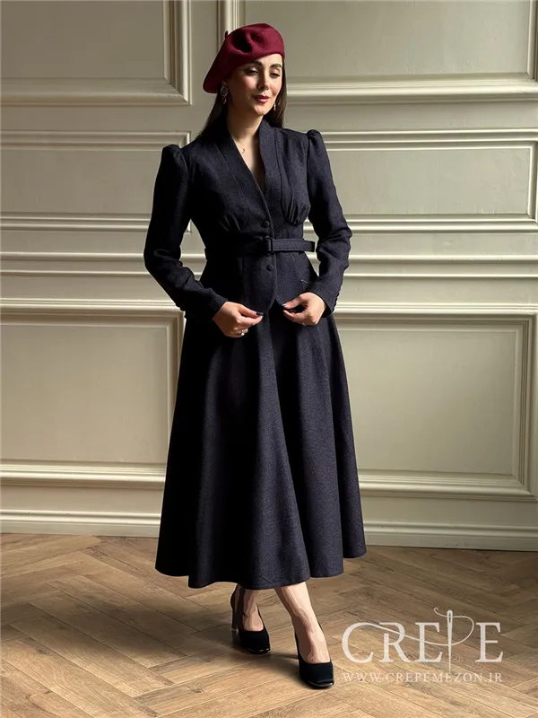 کت دامن کشمیر یقه ایستاده کمربنددار