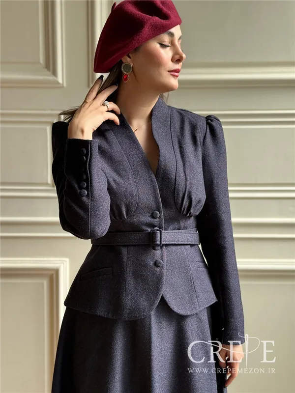 کت دامن کشمیر یقه ایستاده کمربنددار