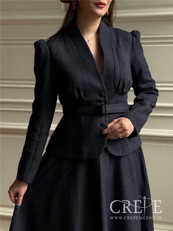 کت دامن کشمیر یقه ایستاده کمربنددار