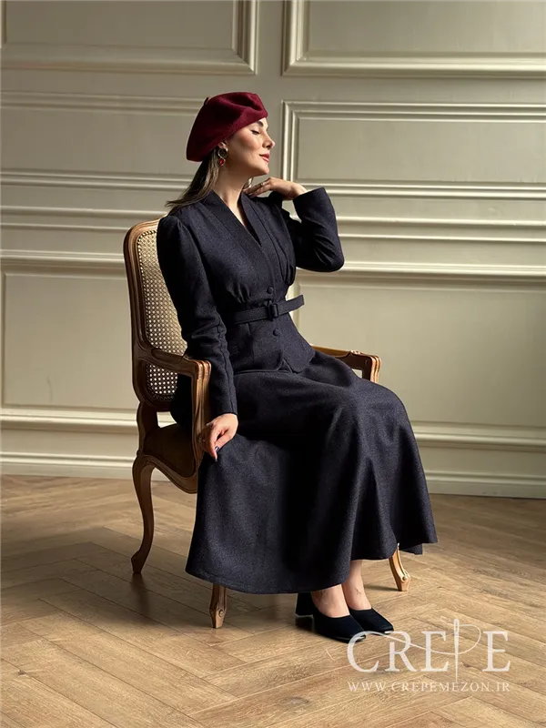 کت دامن کشمیر یقه ایستاده کمربنددار