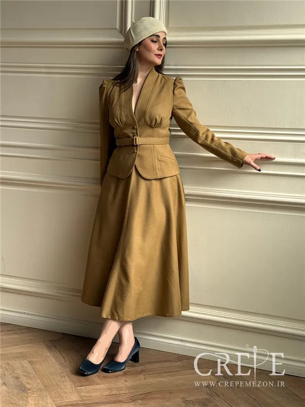 کت دامن کشمیر یقه ایستاده کمربنددار