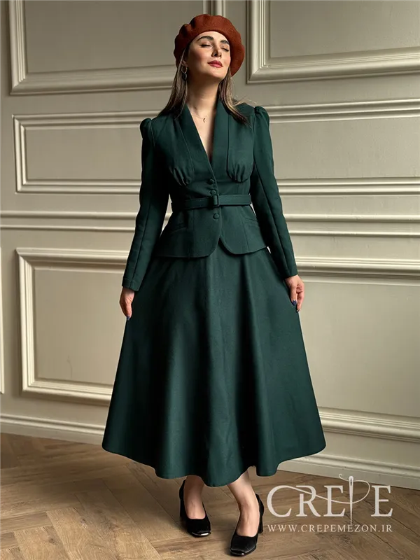 کت دامن کشمیر یقه ایستاده کمربنددار