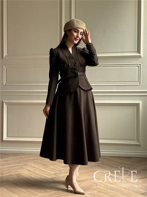 کت دامن کشمیر یقه ایستاده کمربنددار