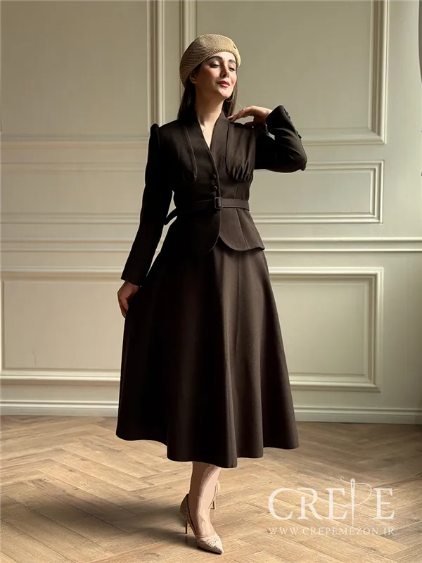 کت دامن کشمیر یقه ایستاده کمربنددار