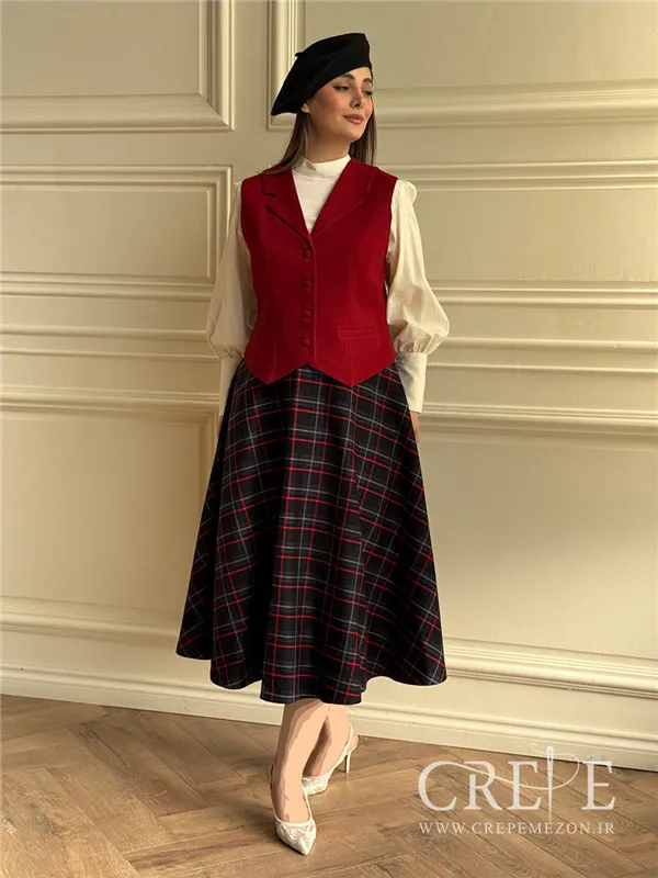 ست سه تیکه جلیقه دامن کشمیر قرمز