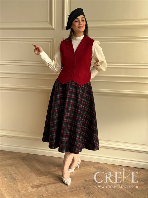 ست سه تیکه جلیقه دامن کشمیر قرمز