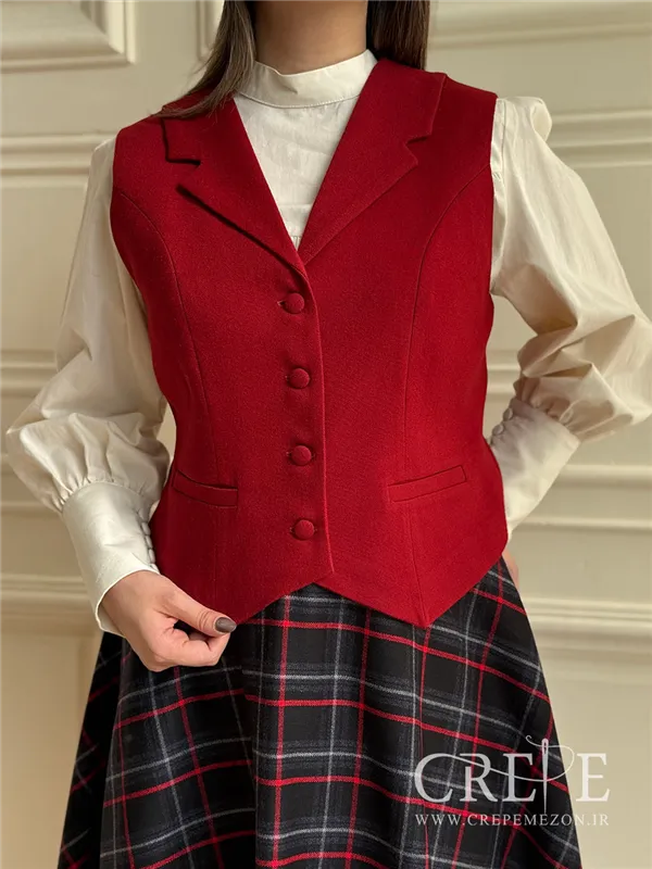 ست سه تیکه جلیقه دامن کشمیر قرمز
