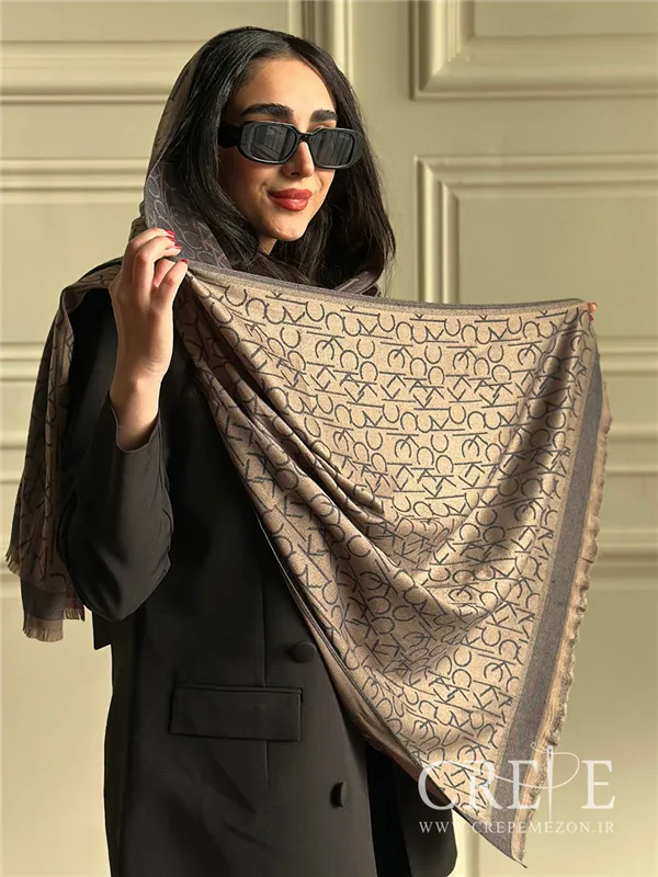 شال کشمیر سرمه ای نسکافه ای طرحدار 