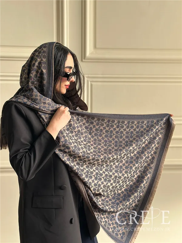 شال کشمیر سرمه ای نسکافه ای طرحدار 