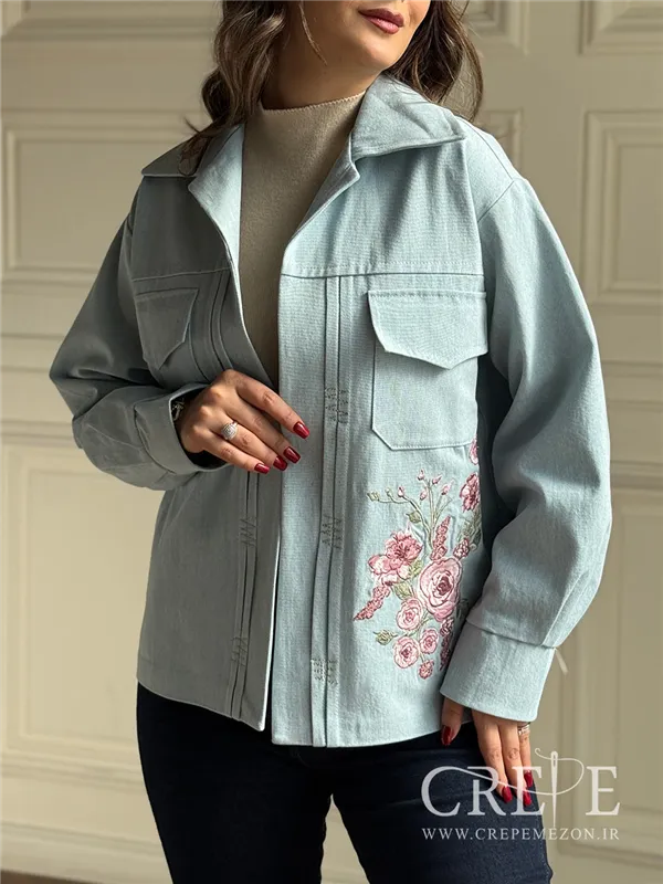 کت جین گلدوزی رز صورتی