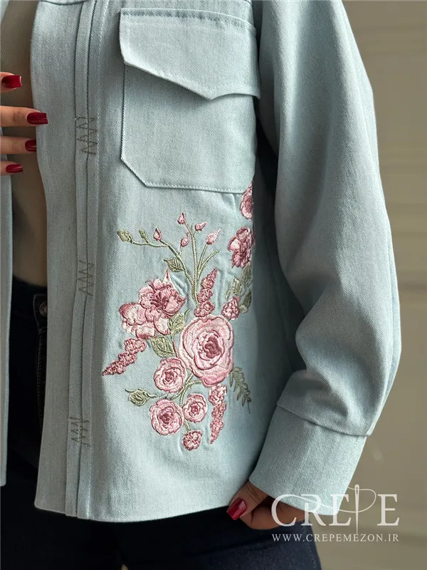 کت جین گلدوزی رز صورتی