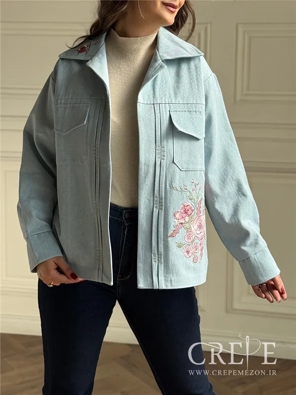 کت جین گلدوزی رز صورتی