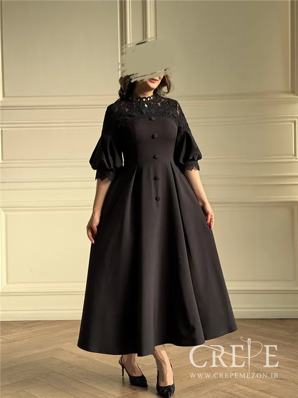 پیراهن میدی بالاتنه گیپور آستین پفی