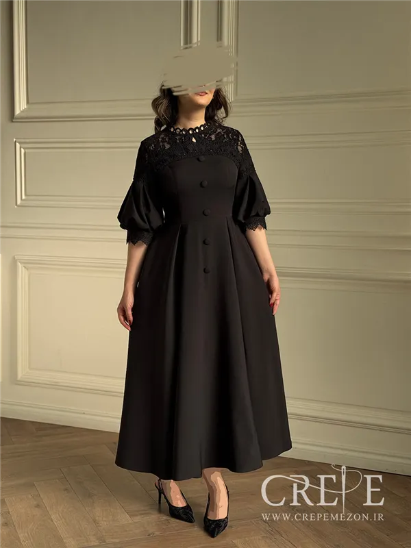 پیراهن میدی بالاتنه گیپور آستین پفی