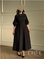 پیراهن میدی بالاتنه گیپور آستین پفی