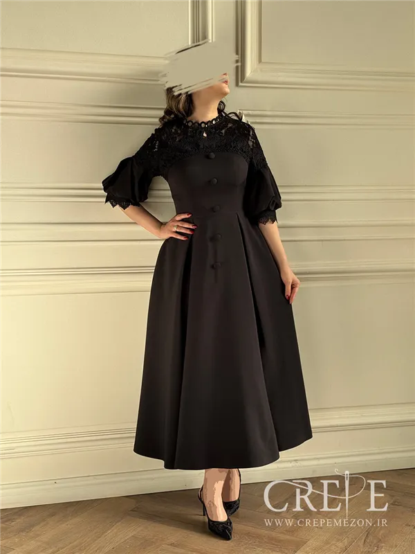 پیراهن میدی بالاتنه گیپور آستین پفی