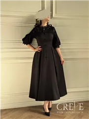 پیراهن میدی بالاتنه گیپور آستین پفی