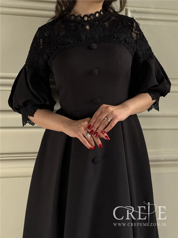 پیراهن میدی بالاتنه گیپور آستین پفی