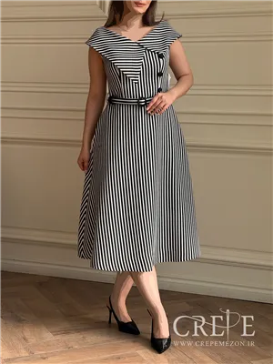 پیراهن یقه پهن راه راه کمربنددار