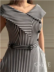 پیراهن یقه پهن راه راه کمربنددار