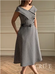 پیراهن یقه پهن راه راه کمربنددار